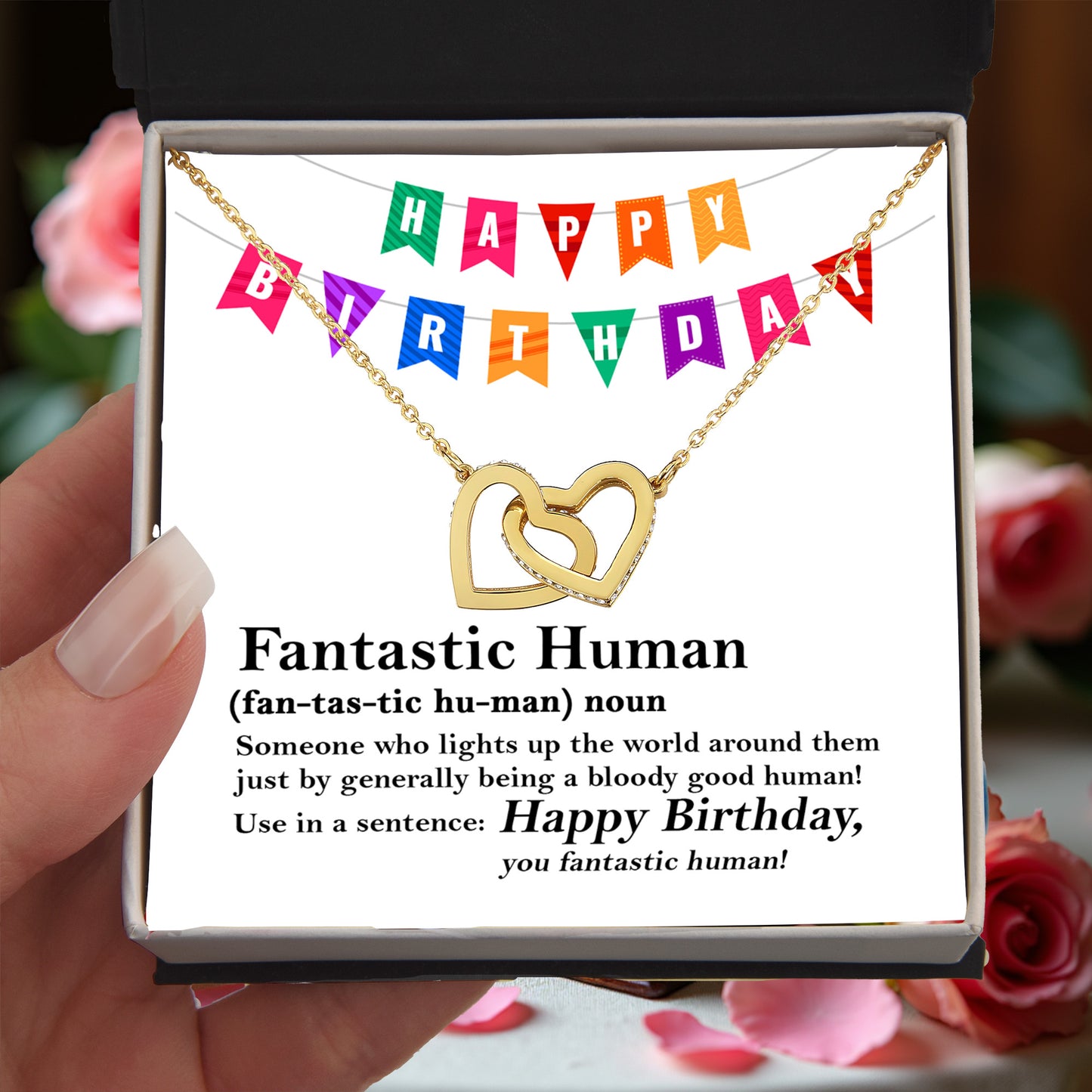 Happy Birthday “Fantastic Human” Interlocking Hearts Necklace | Fun & Heartfelt Birthday Jewelry Gift with Humorous Message Card - Mallard Moon Gift Shop