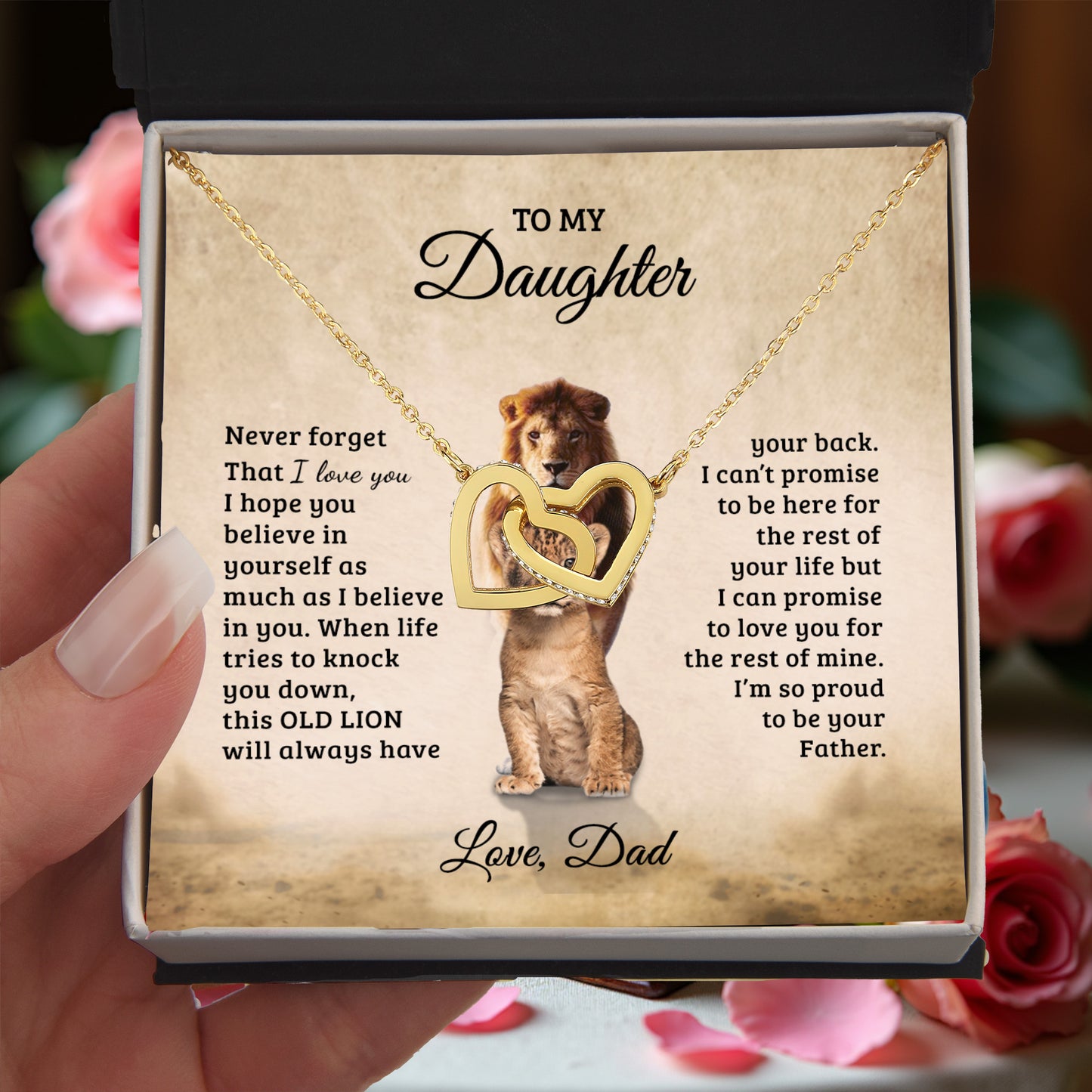 To My Daughter – Interlocking Hearts Necklace Gift from Dad | Old Lion Always Has Your Back | Meaningful Father Daughter Jewelry - Mallard Moon Gift Shop