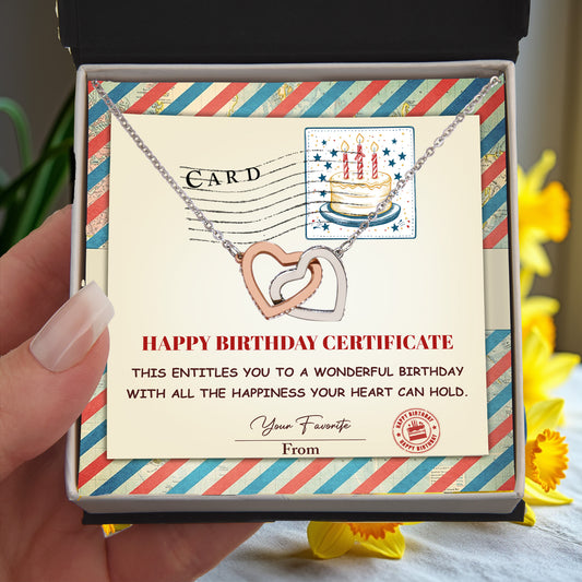 Happy Birthday Personalized Certificate Interlocking Hearts Necklace | Playful Birthday Gift for Her | Fun & Heartfelt Keepsake - Mallard Moon Gift Shop