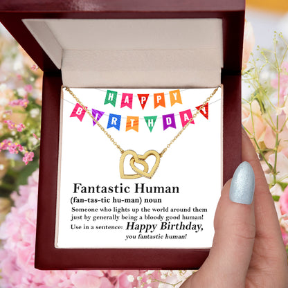 Happy Birthday “Fantastic Human” Interlocking Hearts Necklace | Fun & Heartfelt Birthday Jewelry Gift with Humorous Message Card - Mallard Moon Gift Shop
