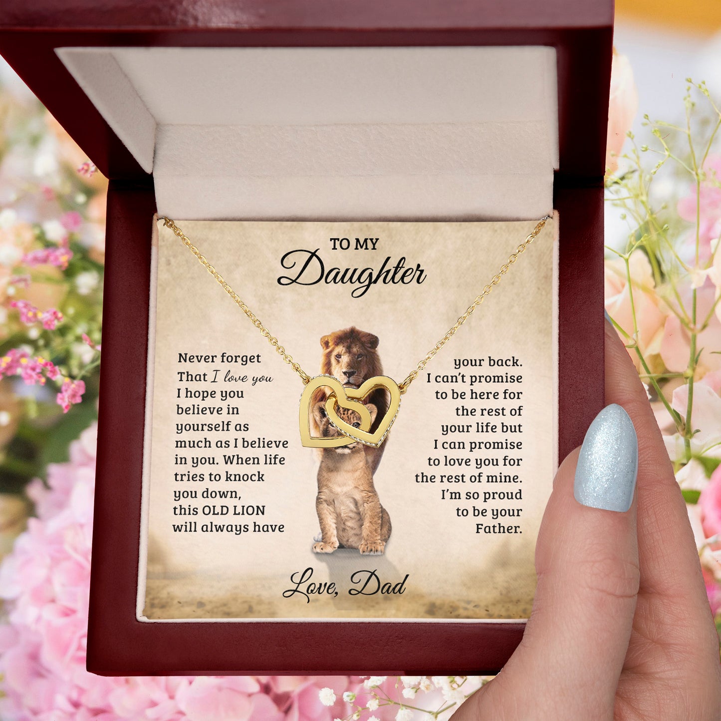 To My Daughter – Interlocking Hearts Necklace Gift from Dad | Old Lion Always Has Your Back | Meaningful Father Daughter Jewelry - Mallard Moon Gift Shop