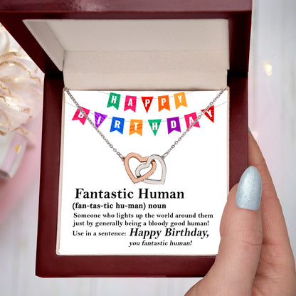 Happy Birthday “Fantastic Human” Interlocking Hearts Necklace | Fun & Heartfelt Birthday Jewelry Gift with Humorous Message Card - Mallard Moon Gift Shop