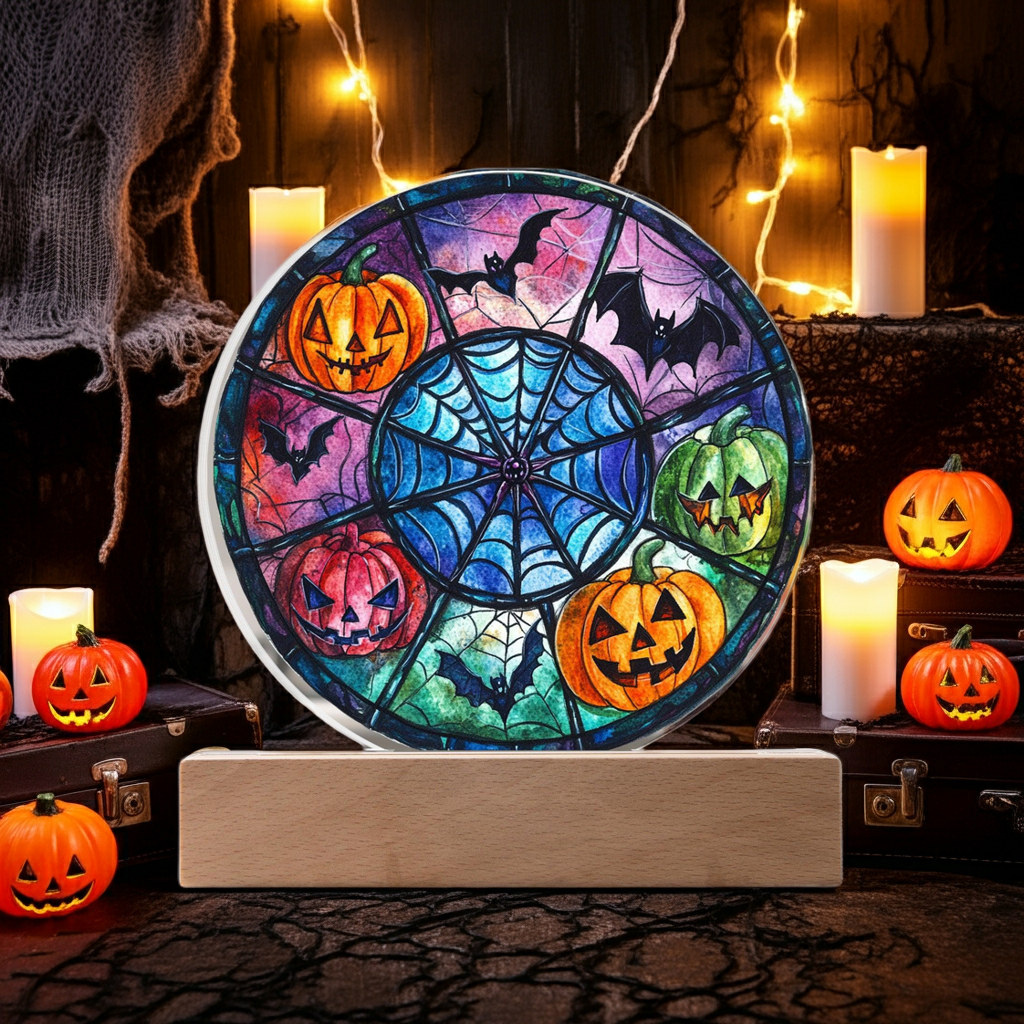 Spooky Halloween Decor Round Acrylic Plaque with Lighted LED Wooden Base - Mallard Moon
