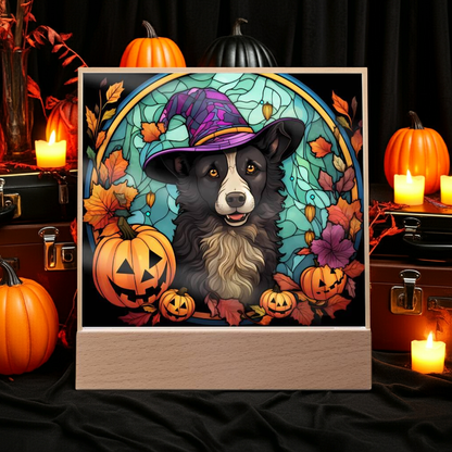Dog Halloween Portrait Stained Glass Acrylic Plaque with LED Lighted Wooden Base - Mallard Moon