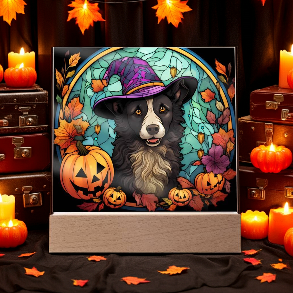 Dog Halloween Portrait Stained Glass Acrylic Plaque with LED Lighted Wooden Base - Mallard Moon