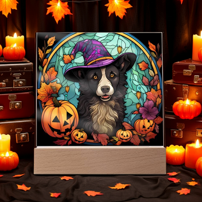 Dog Halloween Portrait Stained Glass Acrylic Plaque with LED Lighted Wooden Base - Mallard Moon