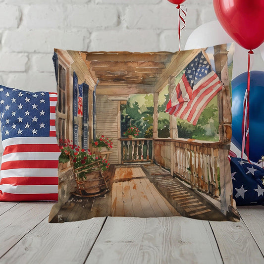 Patriotic Country Porch Scene Indoor-Outdoor Polyester Printed Pillow - Mallard Moon Gift Shop