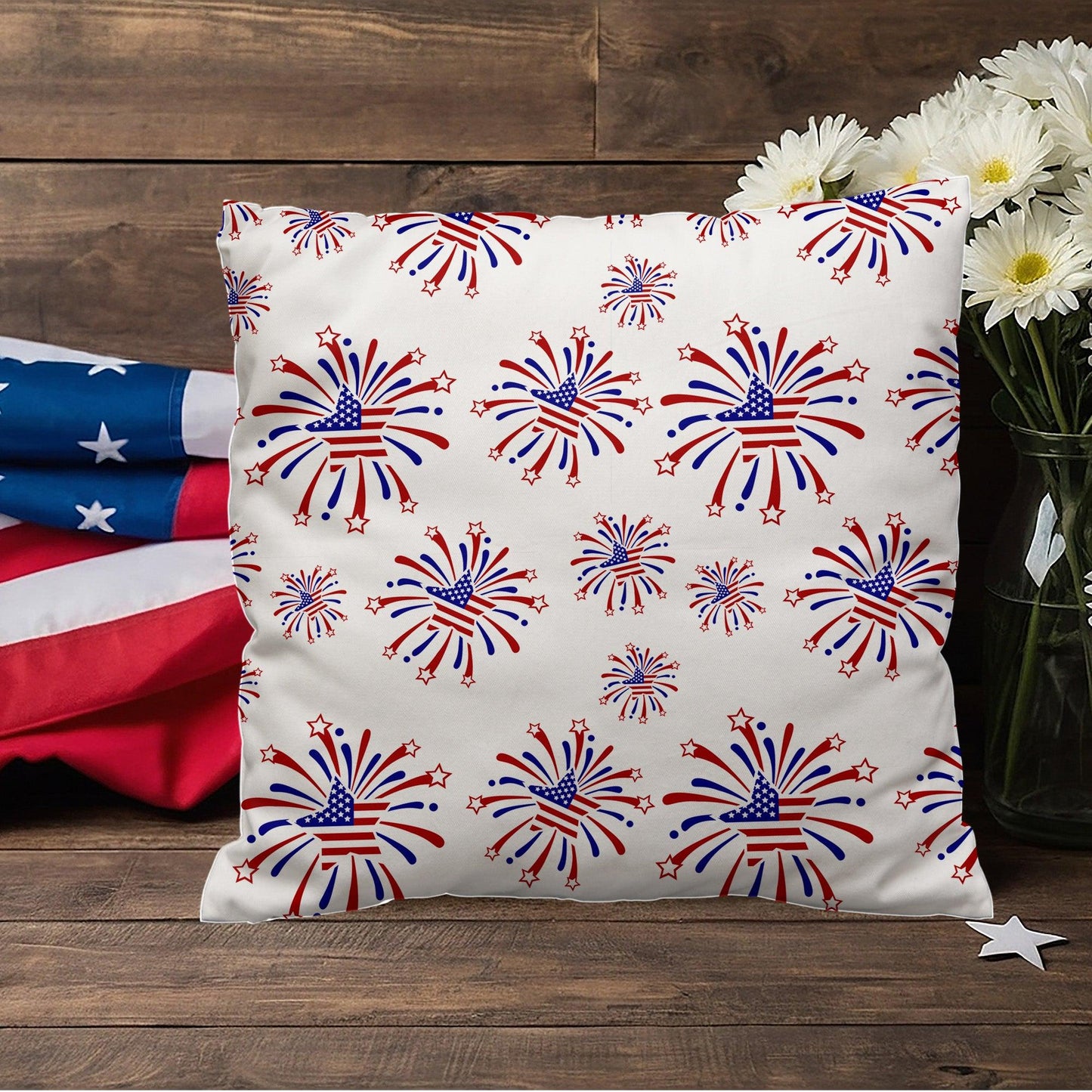 Star Red White and Blue Fireworks 4th of July Patriotic Indoor-Outdoor Pillow - Mallard Moon Gift Shop