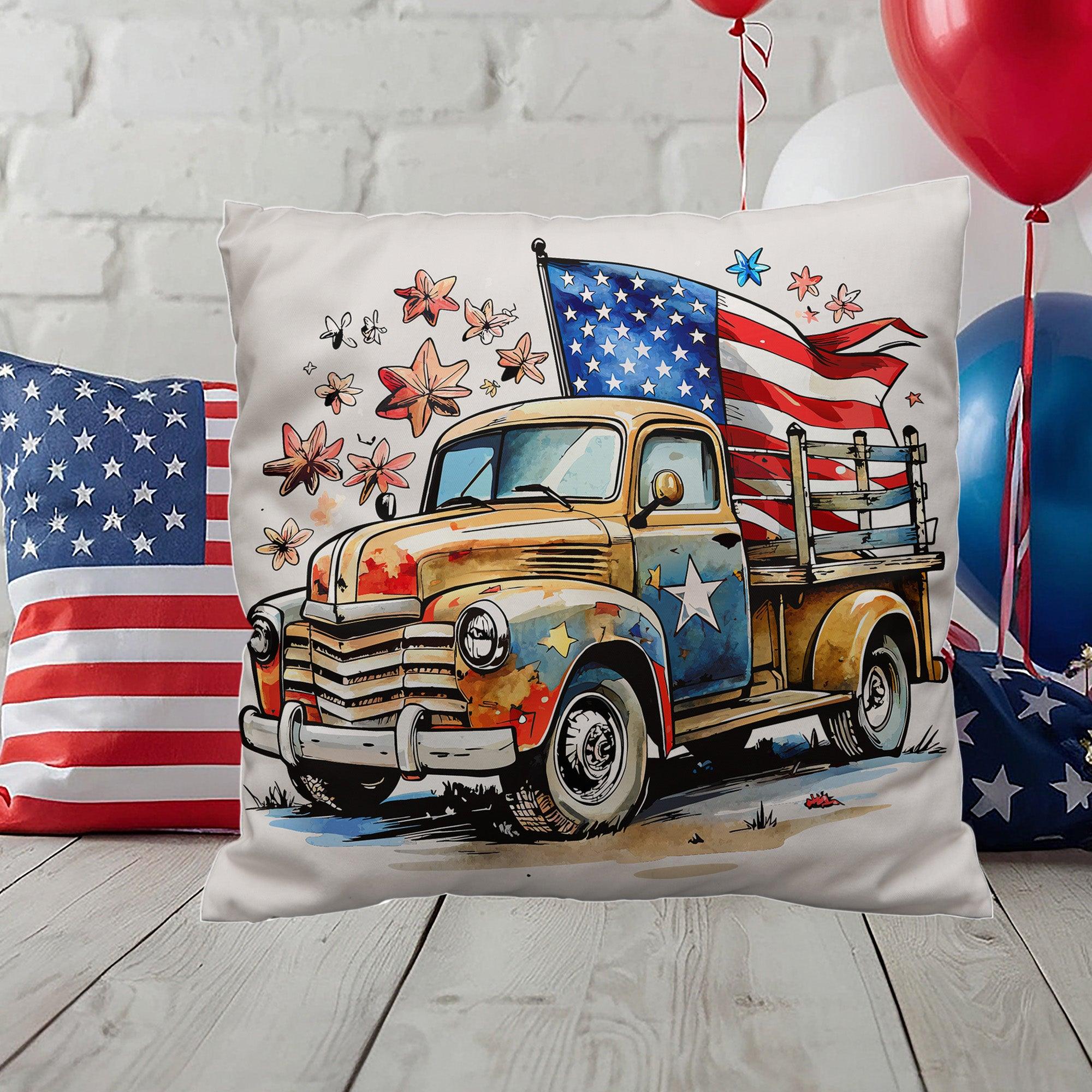 Patriotic Vintage Truck Fourth of July Home Decor Indoor-Outdoor Pillow - Mallard Moon Gift Shop