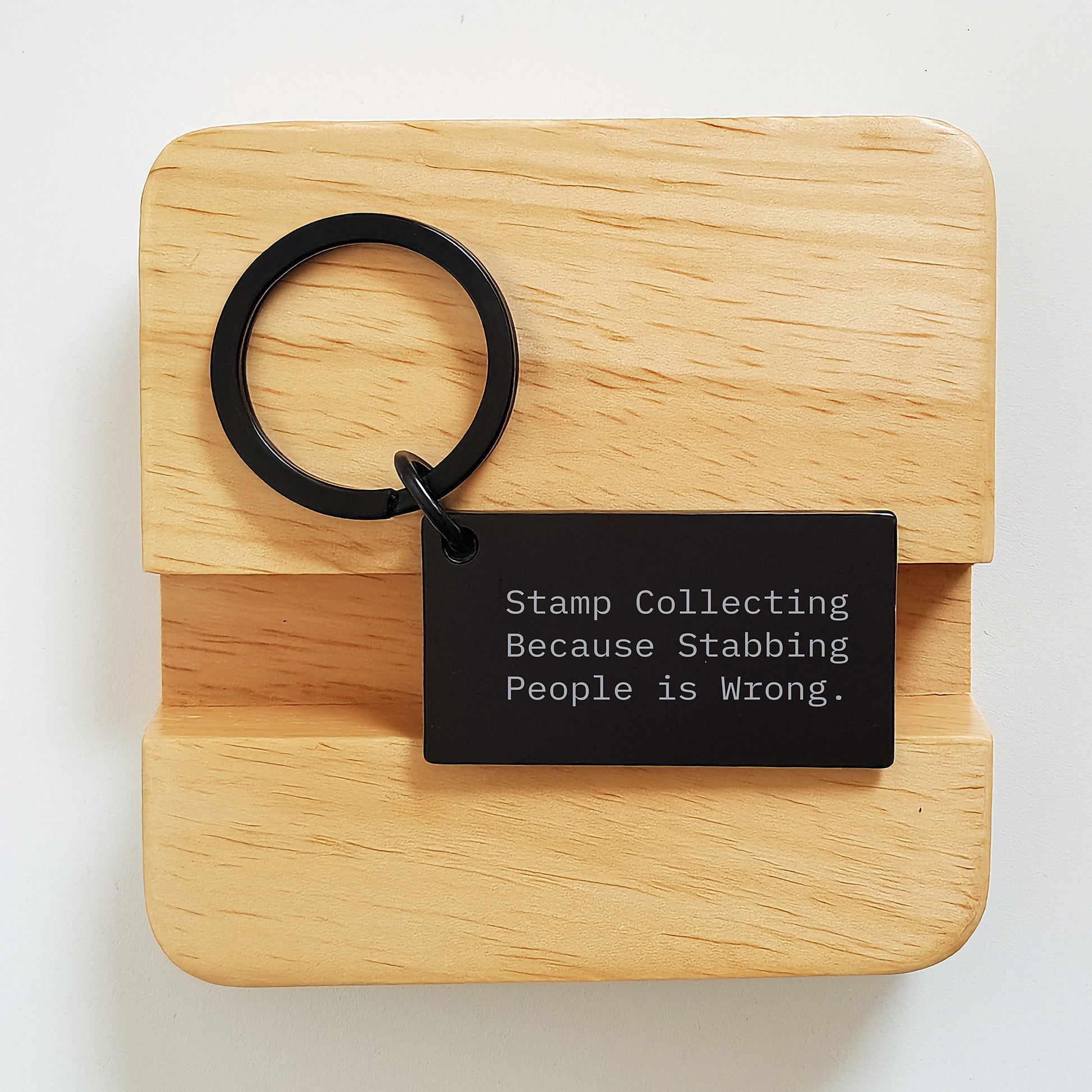Funny Stamp Collecting Keychain Gifts for Birthday, 'Stamp Collecting Because Stabbing People Is Wrong.' Engraved Message, Stainless Steel Keychain for Men and Women, Friends and Family - Image 2