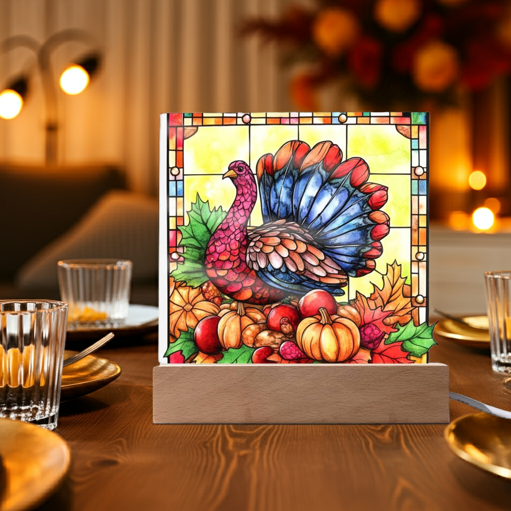 Thanksgiving Turkey Stained-glass Acrylic Square LED Lighted Wooden Base - Mallard Moon