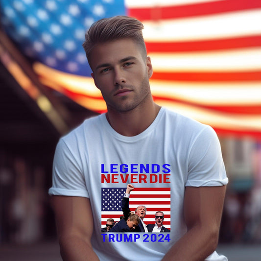 Patriotic MAGA Tee Shirt Legends Never Die Trump 2024 Butler Rally - Mallard Moon Gift Shop