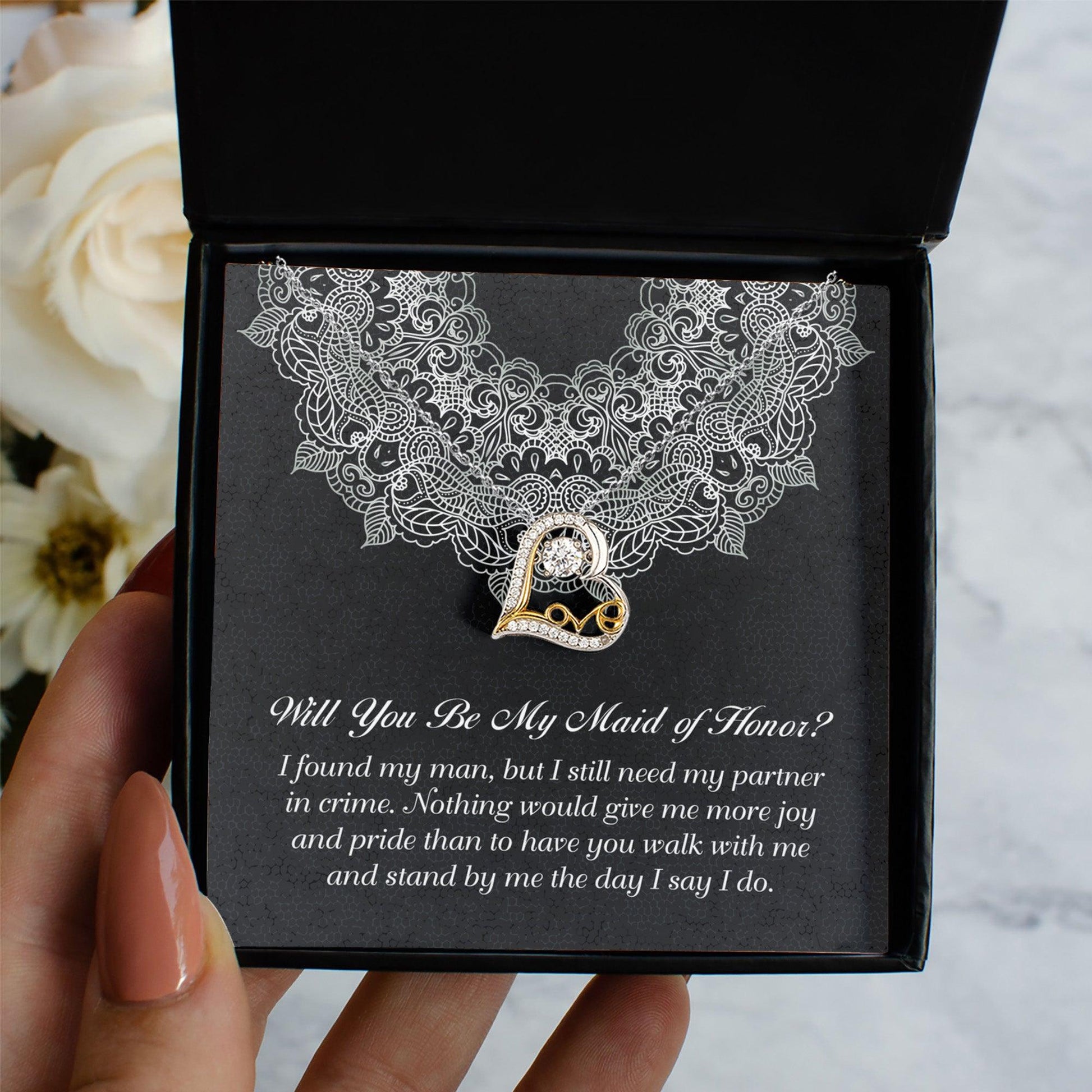 Maid of Honor Wedding Proposal Gift - Partner In Crime - Love Dancing Heart Pendant Necklace - Mallard Moon Gift Shop