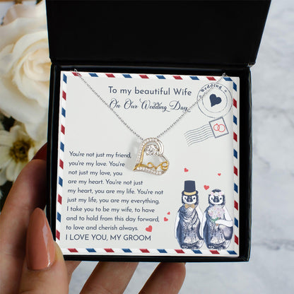 Wife Wedding Day Gift - I Will Love And Cherish Always Love Dancing Heart Pendant Necklace, Bride Jewelry, Gift from Groom - Mallard Moon Gift Shop