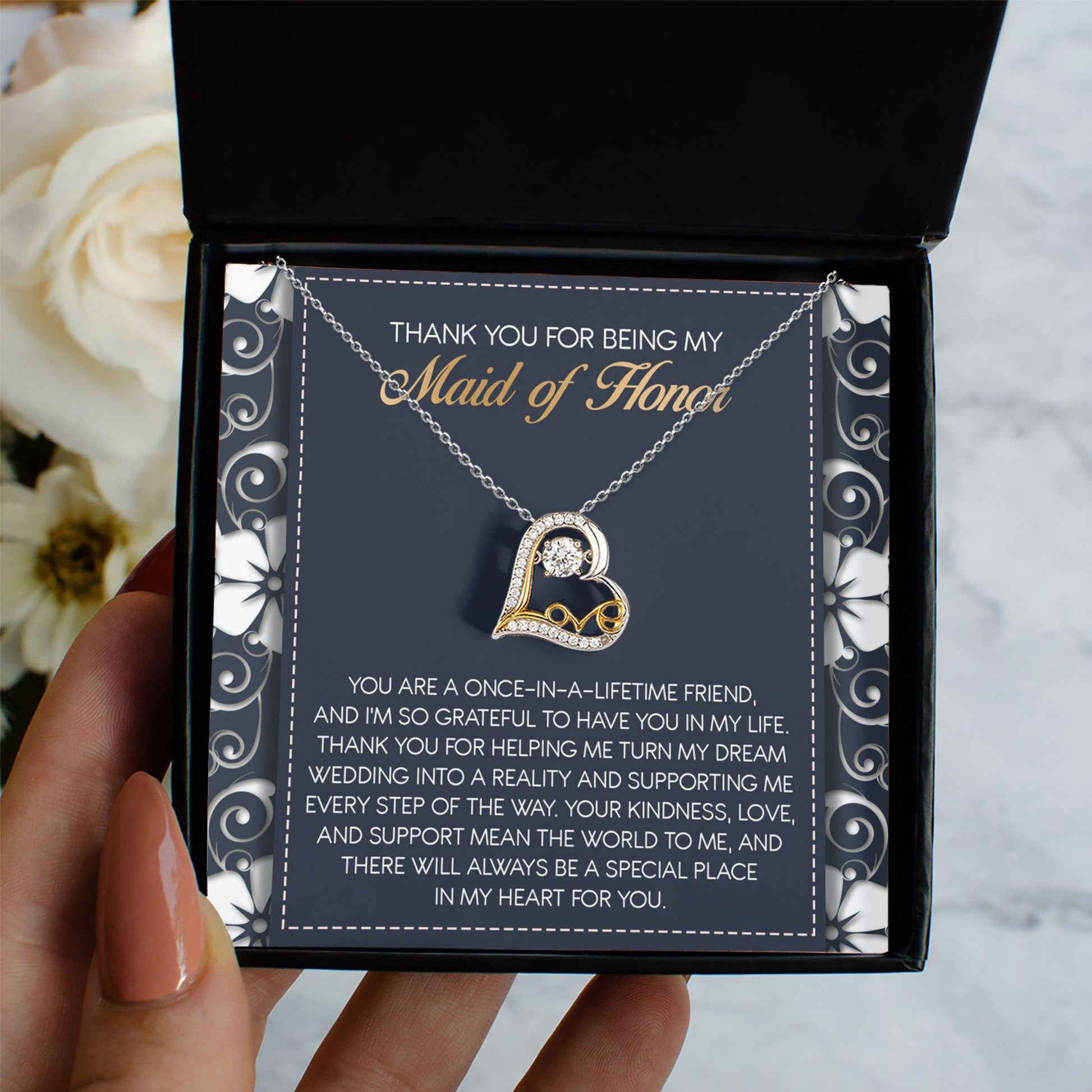 Maid of Honor Wedding Day Gift - You Mean the World To Me, Thanks - Love Dancing Heart Pendant Necklace - Mallard Moon Gift Shop