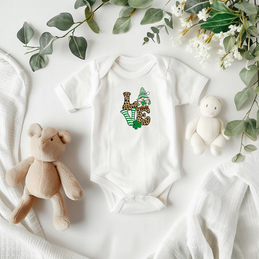 Love St. Patrick’s Day Baby Bodysuit – Cute Gnome & Shamrock Onesie – Soft Cotton Infant Romper – Leopard Print Irish Holiday Outfit & Baby Gift - Mallard Moon Gift Shop