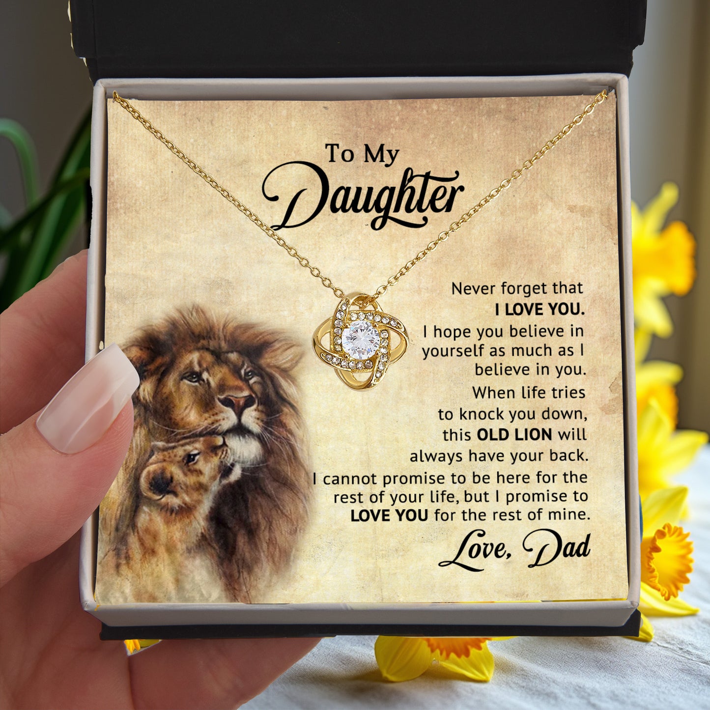 To My Daughter – “Old Lion” Dad & Daughter Love Knot Necklace | Inspirational Father-to-Daughter Gift with Heartfelt Lion Message Card - Mallard Moon