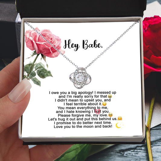 Hey Babe – I’m Sorry Love Knot Necklace | Heartfelt Apology Gift for Partner with Message Card - Mallard Moon