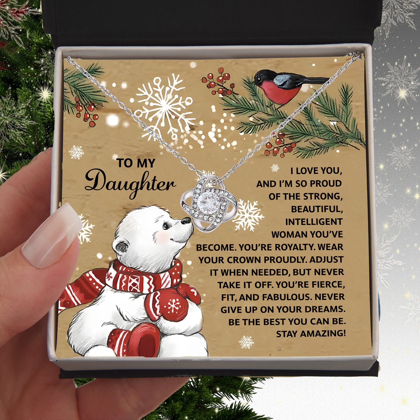 To My Daughter Christmas Love Knot Necklace – Holiday Gift with Polar Bear Message Card, Inspirational Daughter Jewelry, Christmas Gift from Mom or Dad