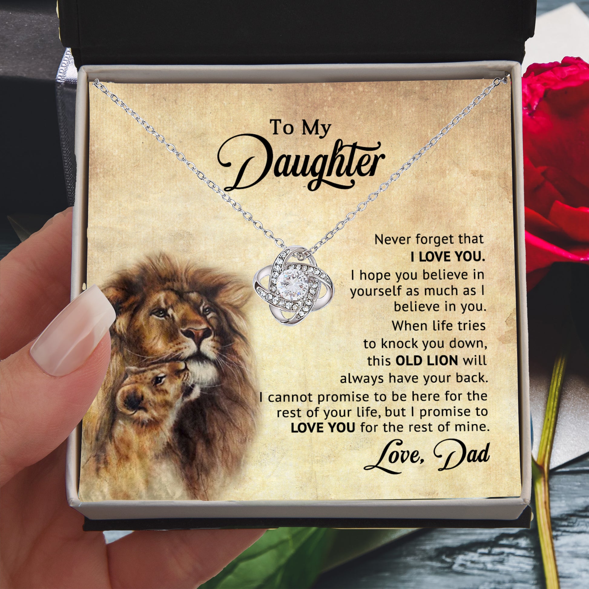 To My Daughter – “Old Lion” Dad & Daughter Love Knot Necklace | Inspirational Father-to-Daughter Gift with Heartfelt Lion Message Card - Mallard Moon
