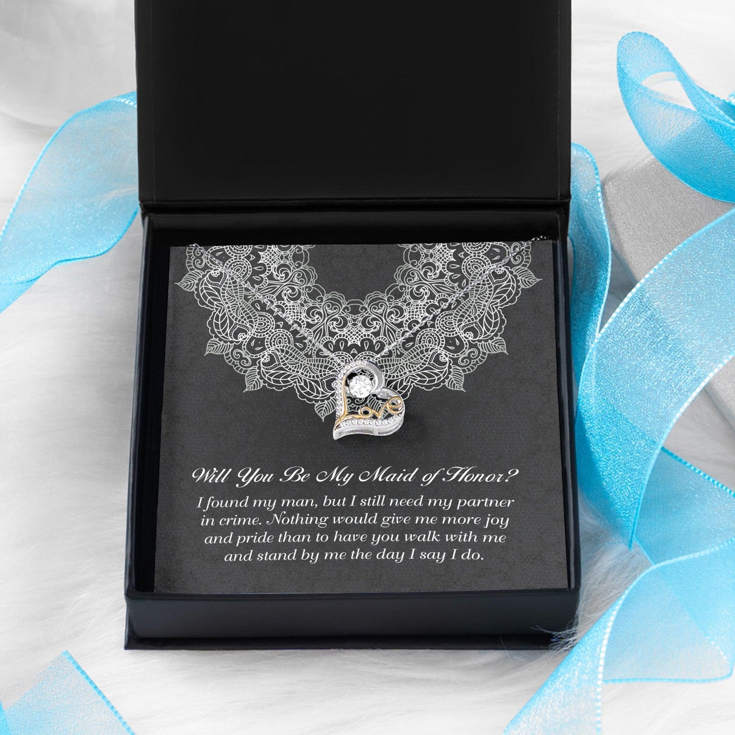 Maid of Honor Wedding Proposal Gift - Partner In Crime - Love Dancing Heart Pendant Necklace - Mallard Moon Gift Shop