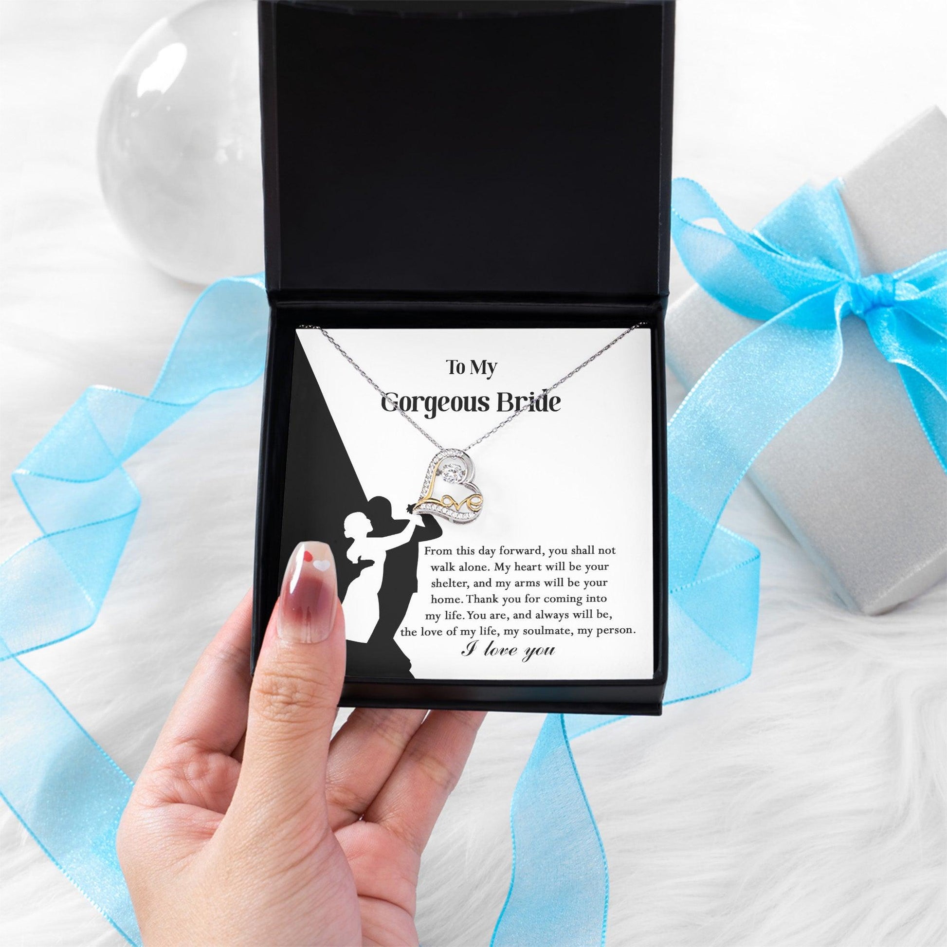 To My Gorgeous Bride on Our Wedding Day, You are the Love of My Life Love Dancing Heart Pendant Necklace - Mallard Moon Gift Shop