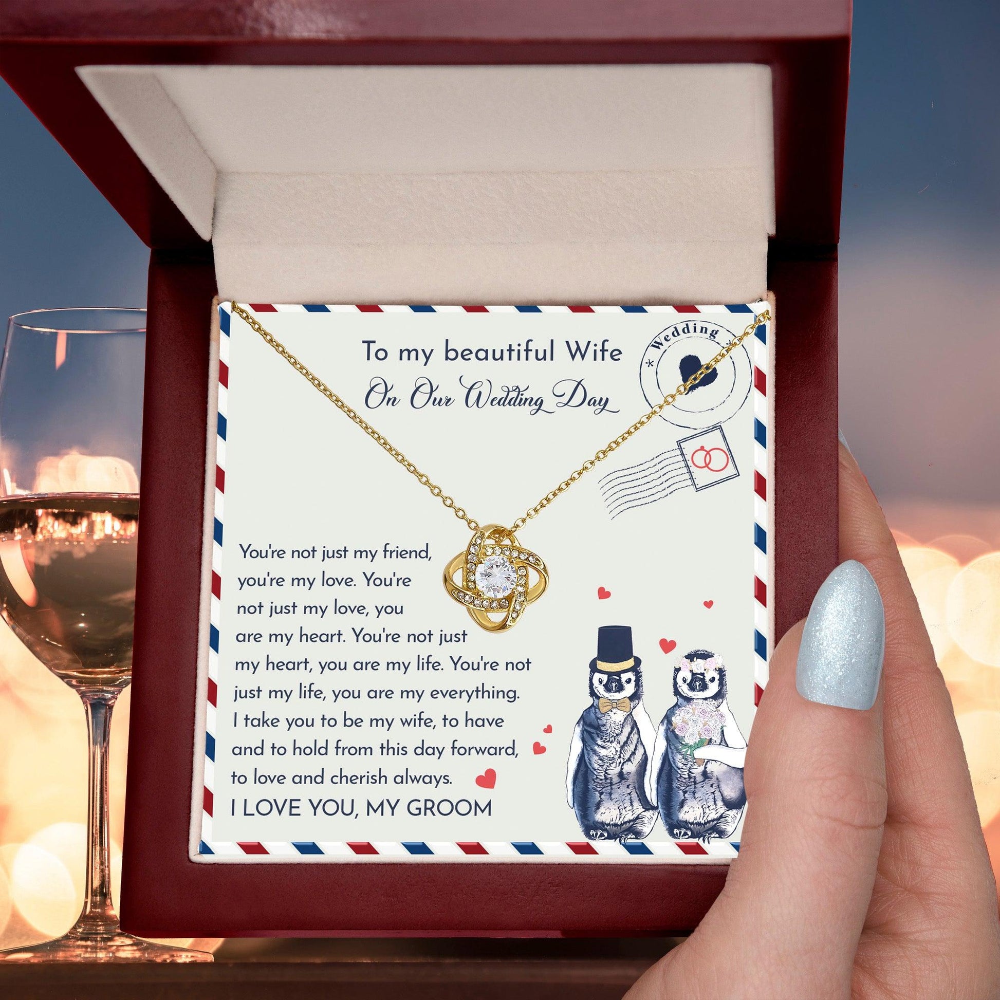 Wife Wedding Day Gift - I Will Love And Cherish Always Love Knot Pendant Necklace - Mallard Moon Gift Shop