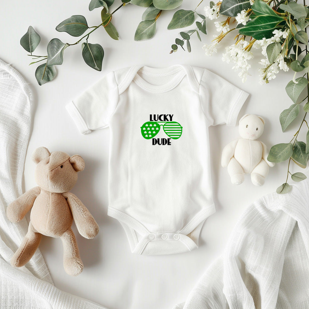 Lucky Dude St. Patrick’s Day Baby Bodysuit – Cool Shamrock Sunglasses Onesie – Soft Cotton Infant Romper – Funny Irish Holiday Outfit & Baby Gift - Mallard Moon Gift Shop