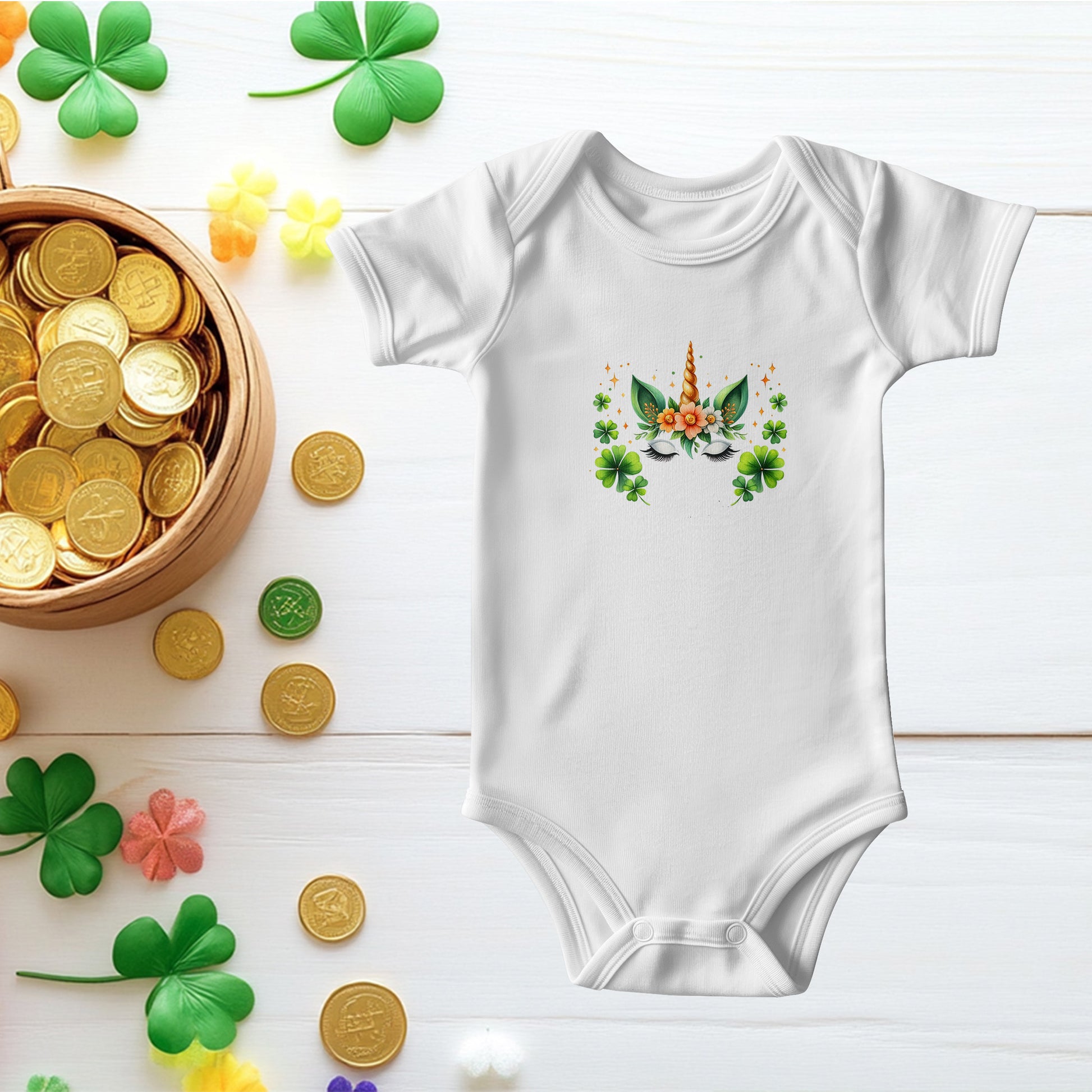 Lucky Unicorn St. Patrick’s Day Baby Bodysuit – Cute Shamrock & Floral Onesie – Soft Cotton Infant Romper – Irish Holiday Outfit & Baby Shower Gift - Mallard Moon Gift Shop