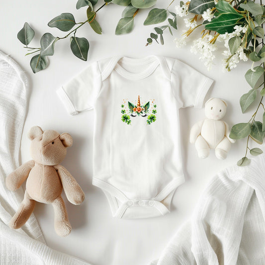 Lucky Unicorn St. Patrick’s Day Baby Bodysuit – Cute Shamrock & Floral Onesie – Soft Cotton Infant Romper – Irish Holiday Outfit & Baby Shower Gift - Mallard Moon Gift Shop