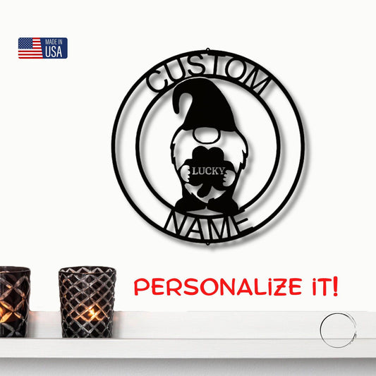 Gnome Lucky St. Patrick's Day Custom Name Metal Art Wall Sign Home Decor - Mallard Moon Gift Shop