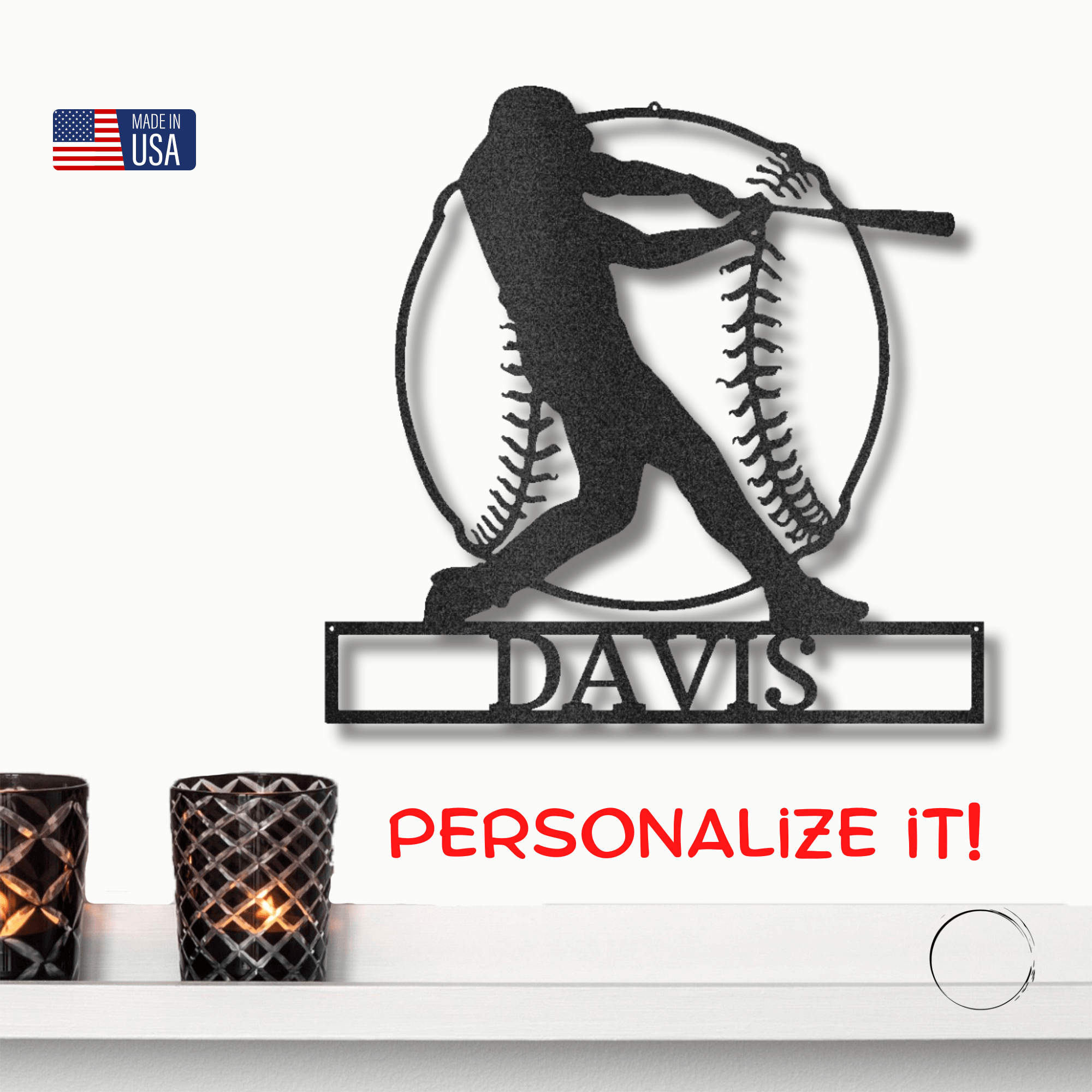 Baseball Batter Custom Name Metal Art Wall Sign - Mallard Moon Gift Shop