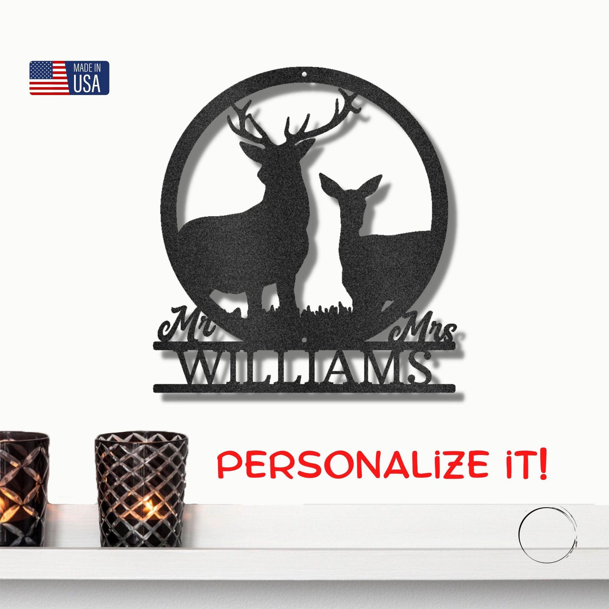 Deer Stag and Doe Mr and Mrs Custom Name Metal Art Wall Sign - Mallard Moon Gift Shop