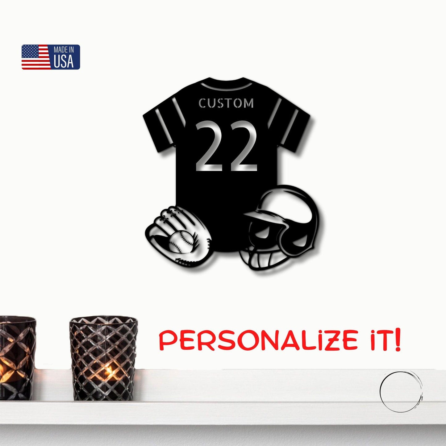 Baseball Gear Custom Name and Jersey Number Metal Wall Sign - Mallard Moon Gift Shop