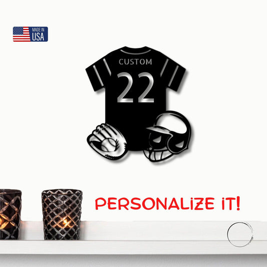 Baseball Gear Custom Name and Jersey Number Metal Wall Sign - Mallard Moon Gift Shop