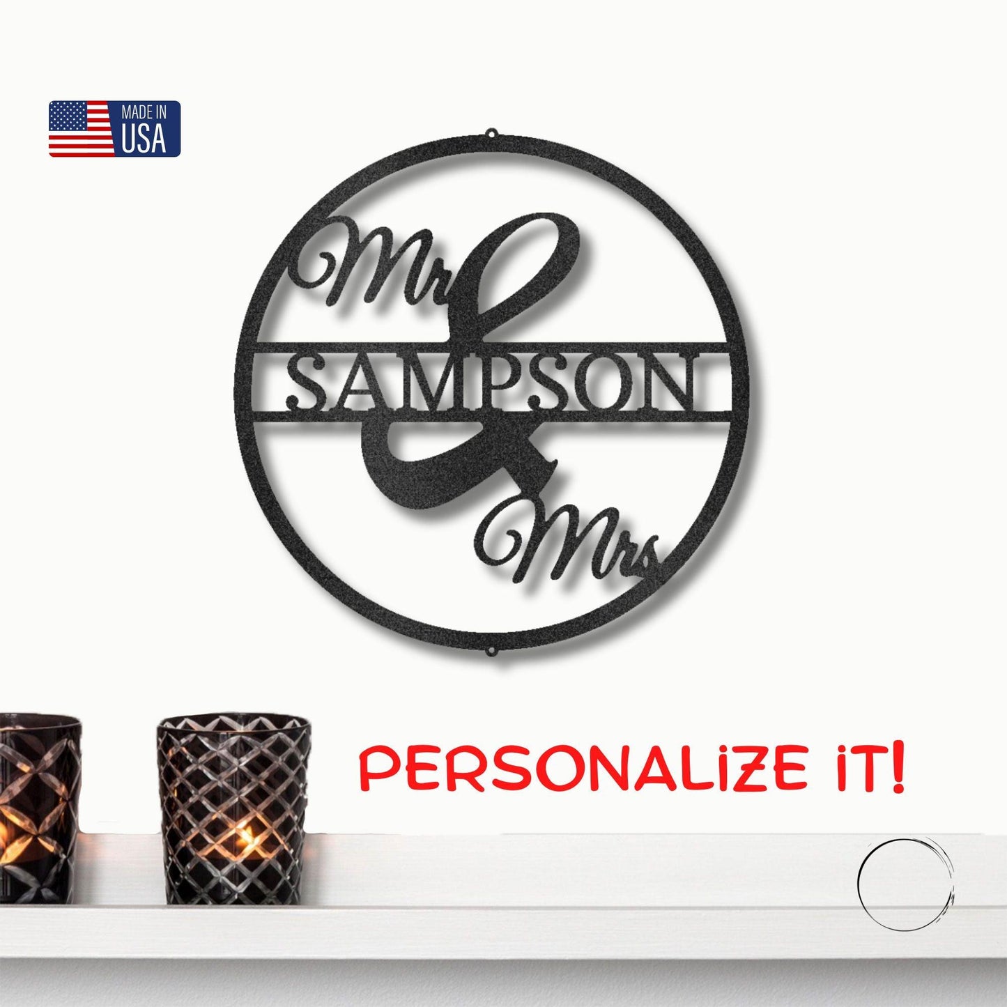 Mr and Mrs Circle Custom Name Steel Wall Sign - Mallard Moon Gift Shop