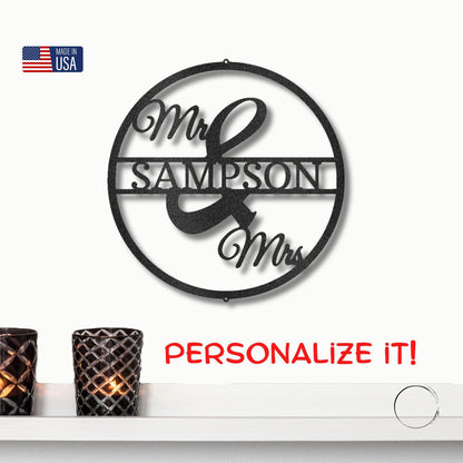 Mr and Mrs Circle Custom Name Steel Wall Sign - Mallard Moon Gift Shop