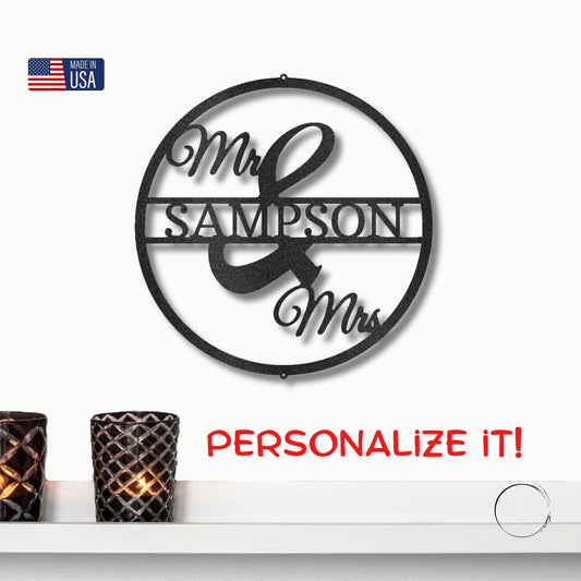 Mr and Mrs Circle Custom Name Steel Wall Sign - Mallard Moon Gift Shop