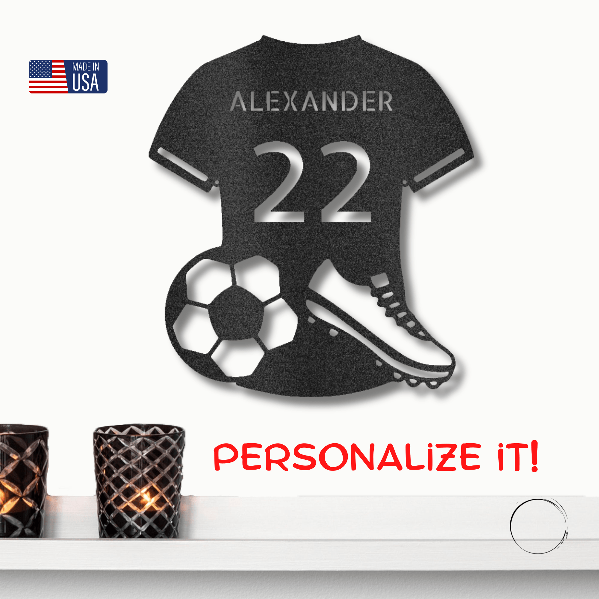 Soccer Jersey Monogram Custom Name Steel Sign Metal Wall Art - Mallard Moon Gift Shop