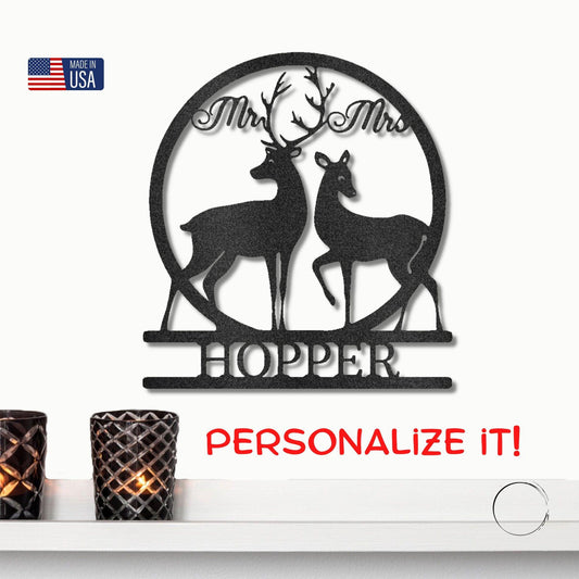Deer and Doe Mr and Mrs Custom Name Metal Art Wall Sign - Mallard Moon Gift Shop
