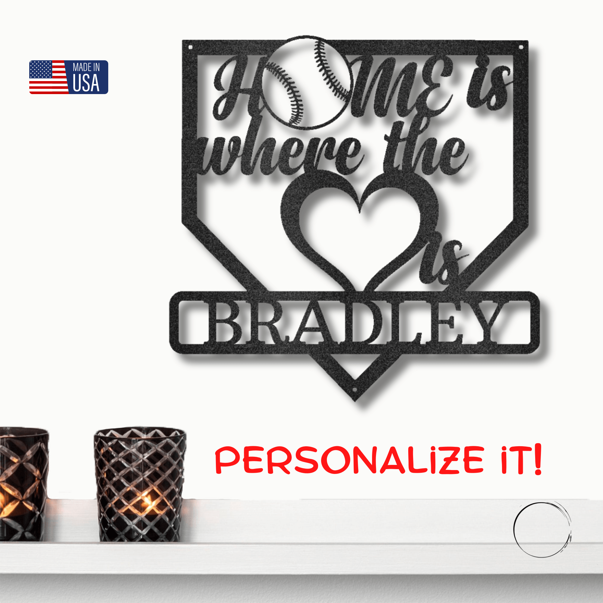 Baseball Home Is Where the Heart Is Custom Name Metal Art Wall Sign - Mallard Moon Gift Shop