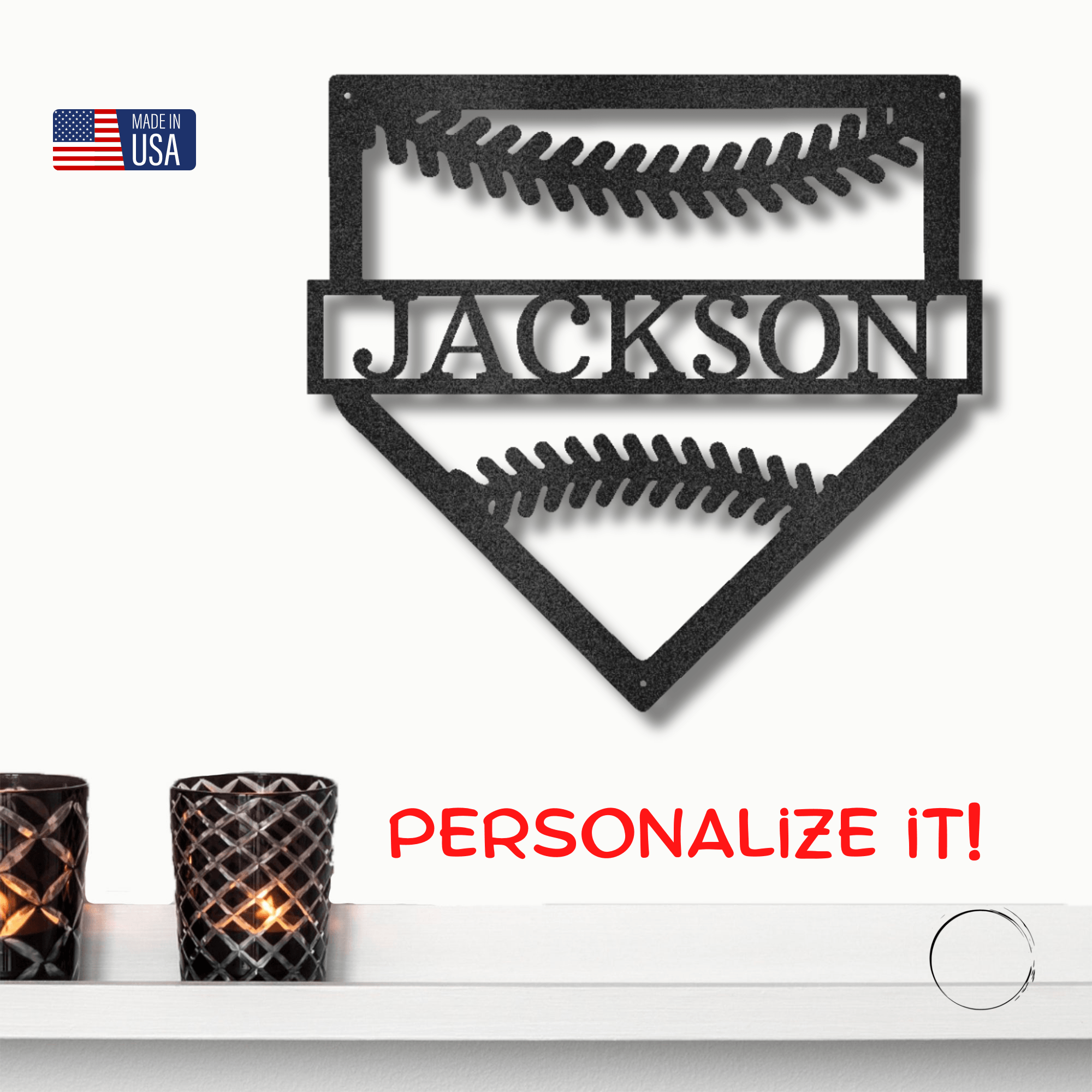 Baseball Home Plate Personalized Name Metal Art Wall Sign - Mallard Moon Gift Shop