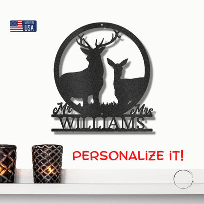 Deer Stag and Doe Mr and Mrs Custom Name Metal Art Wall Sign - Mallard Moon Gift Shop