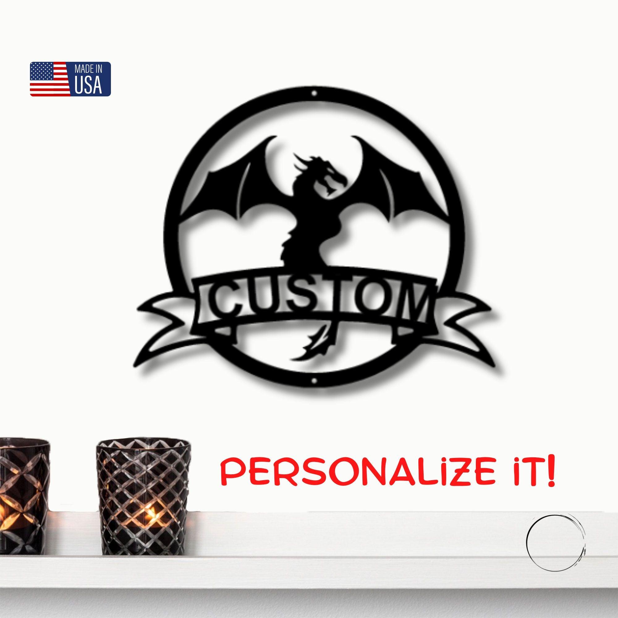 Dragon Banner Personalized Name Metal Art Wall Sign - Mallard Moon Gift Shop