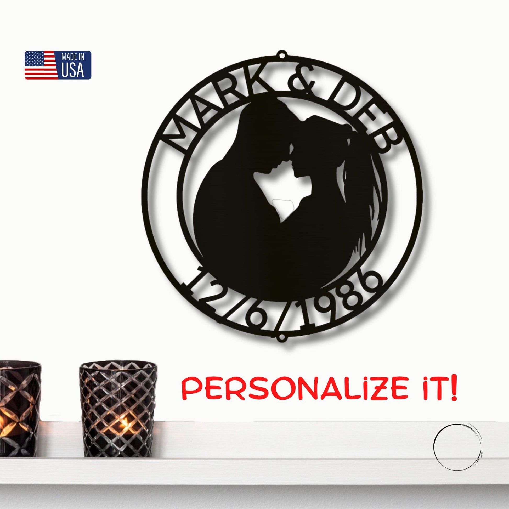 Couple Silhouette Sweetheart Custom Monogram Name Metal Wall Art - Mallard Moon Gift Shop