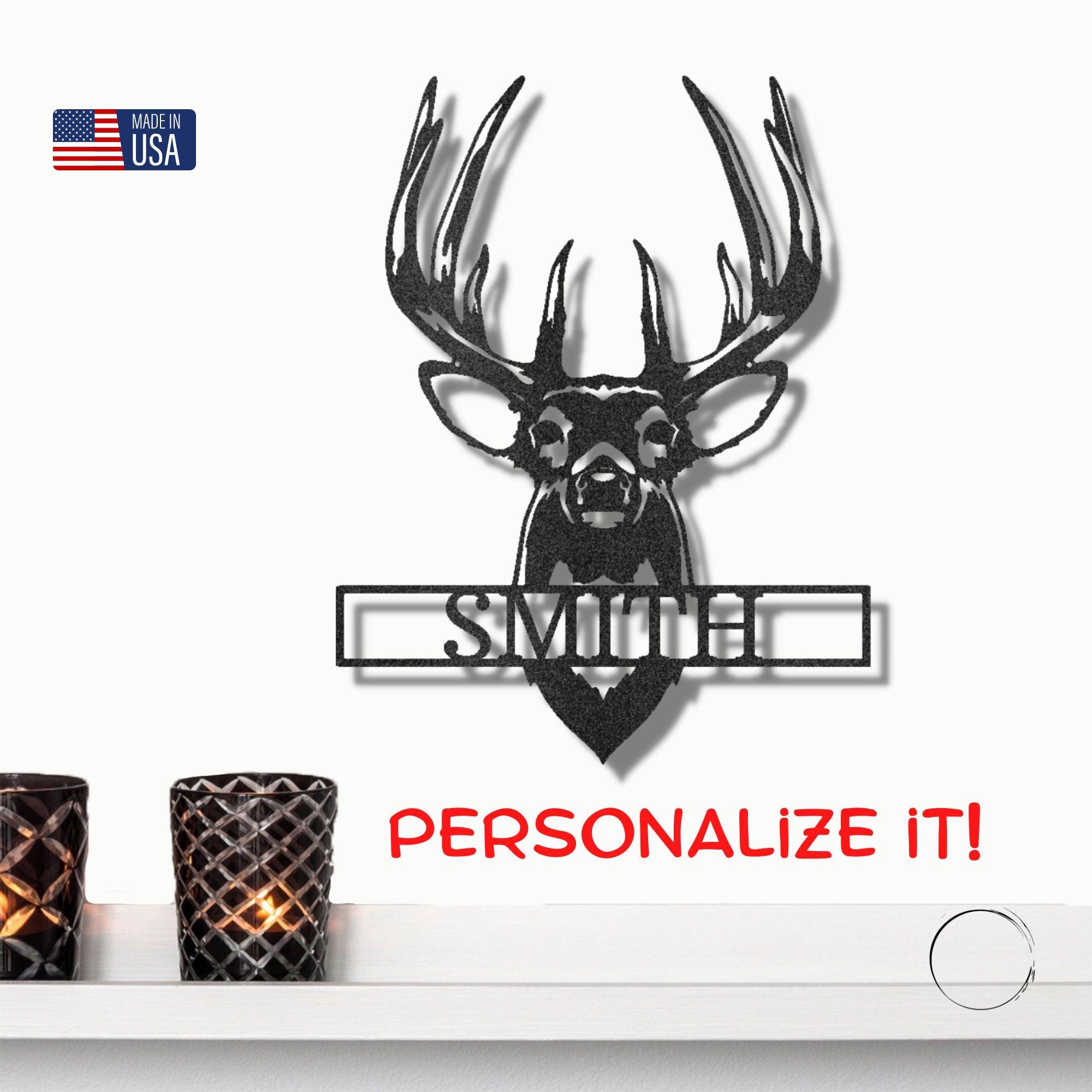 Deer Buck Head Mount Monogram Personalized Name Metal Art Wall Sign - Mallard Moon Gift Shop