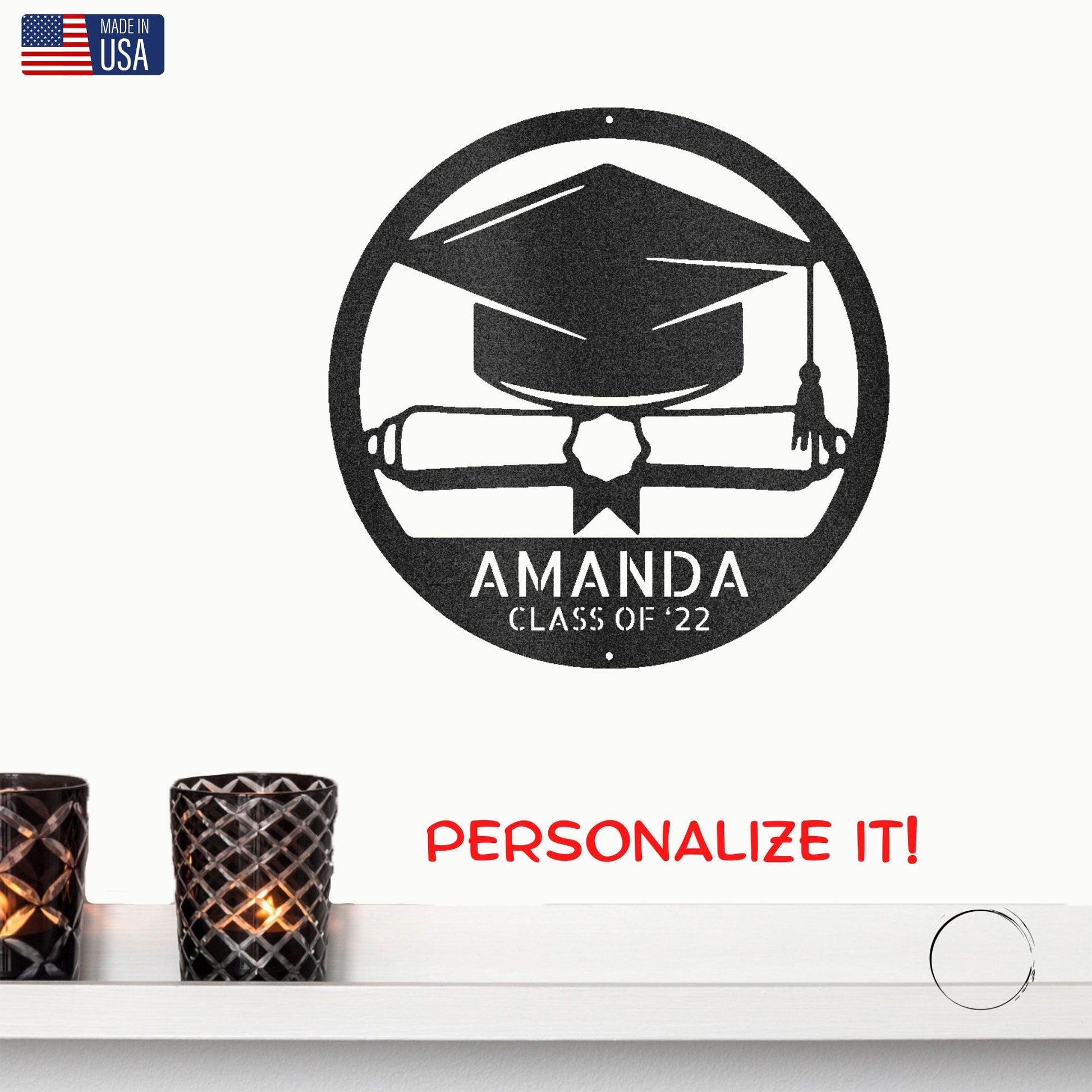 Graduation Cap and Diploma Custom Name Metal Art Wall Sign - Mallard Moon Gift Shop