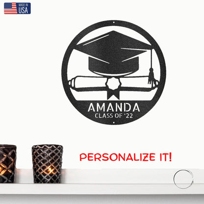 Graduation Cap and Diploma Custom Name Metal Art Wall Sign - Mallard Moon Gift Shop