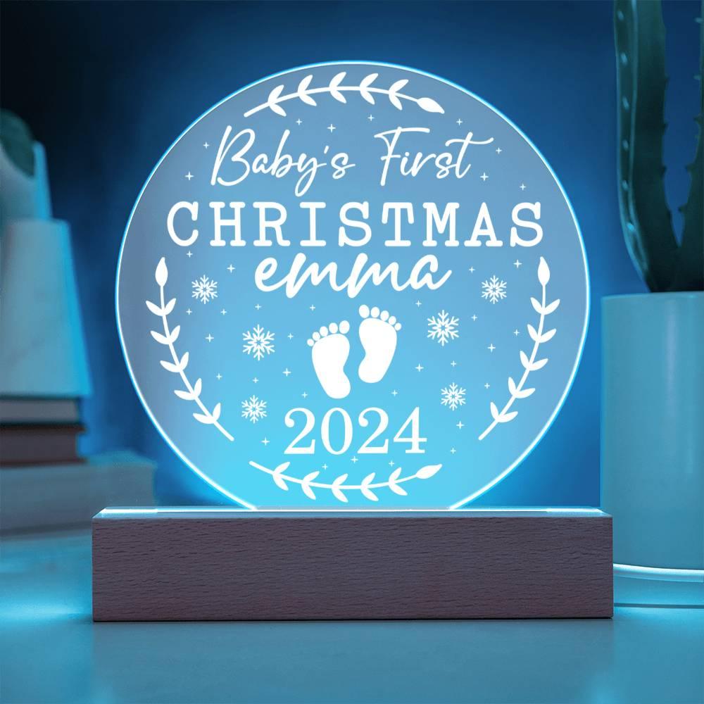 Baby's First Christmas Personalized Acrylic Plaque with Wood or LED Lighted Base - Mallard Moon Gift Shop