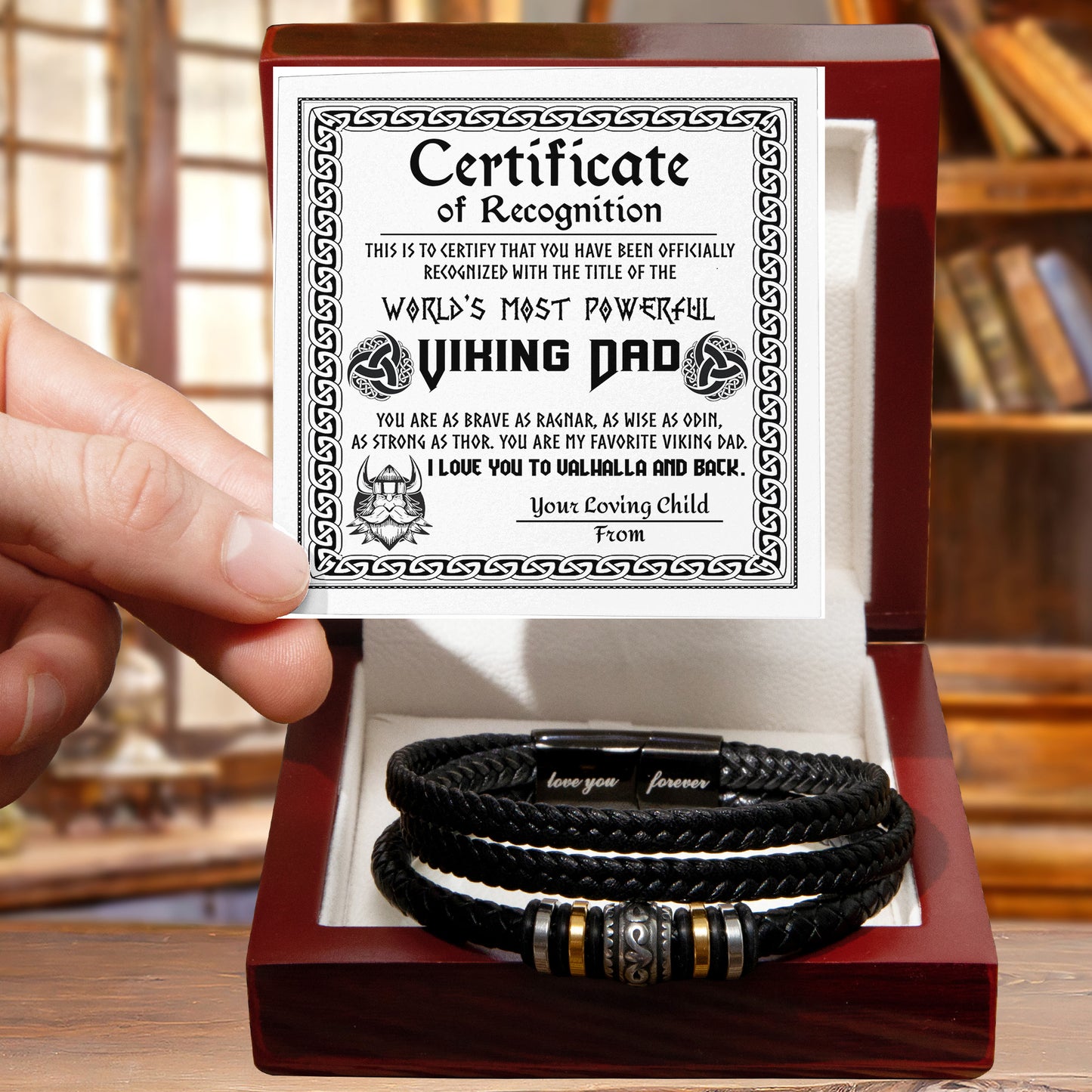 World’s Most Powerful Viking Dad Bracelet – Personalized Certificate Gift from Your Loving Child – Brave, Wise, Strong Norse Mythology Father’s Day Gift Idea – Black Braided Leather Bracelet for Dad - Mallard Moon Gift Shop